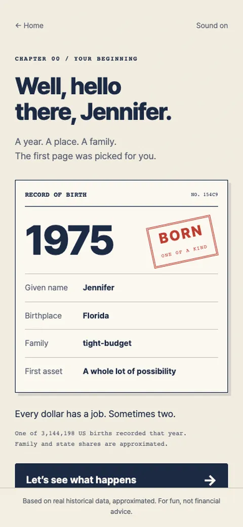 Birth record for Jennifer, born in Florida in 1975 to a tight-budget family